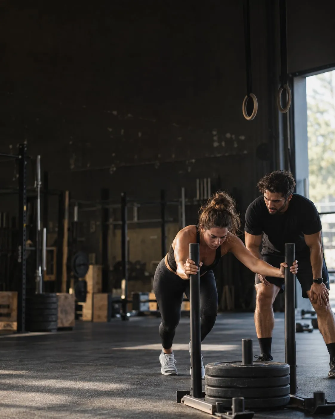 Séance de poussée de sled pendant un coaching en salle d’entraînement